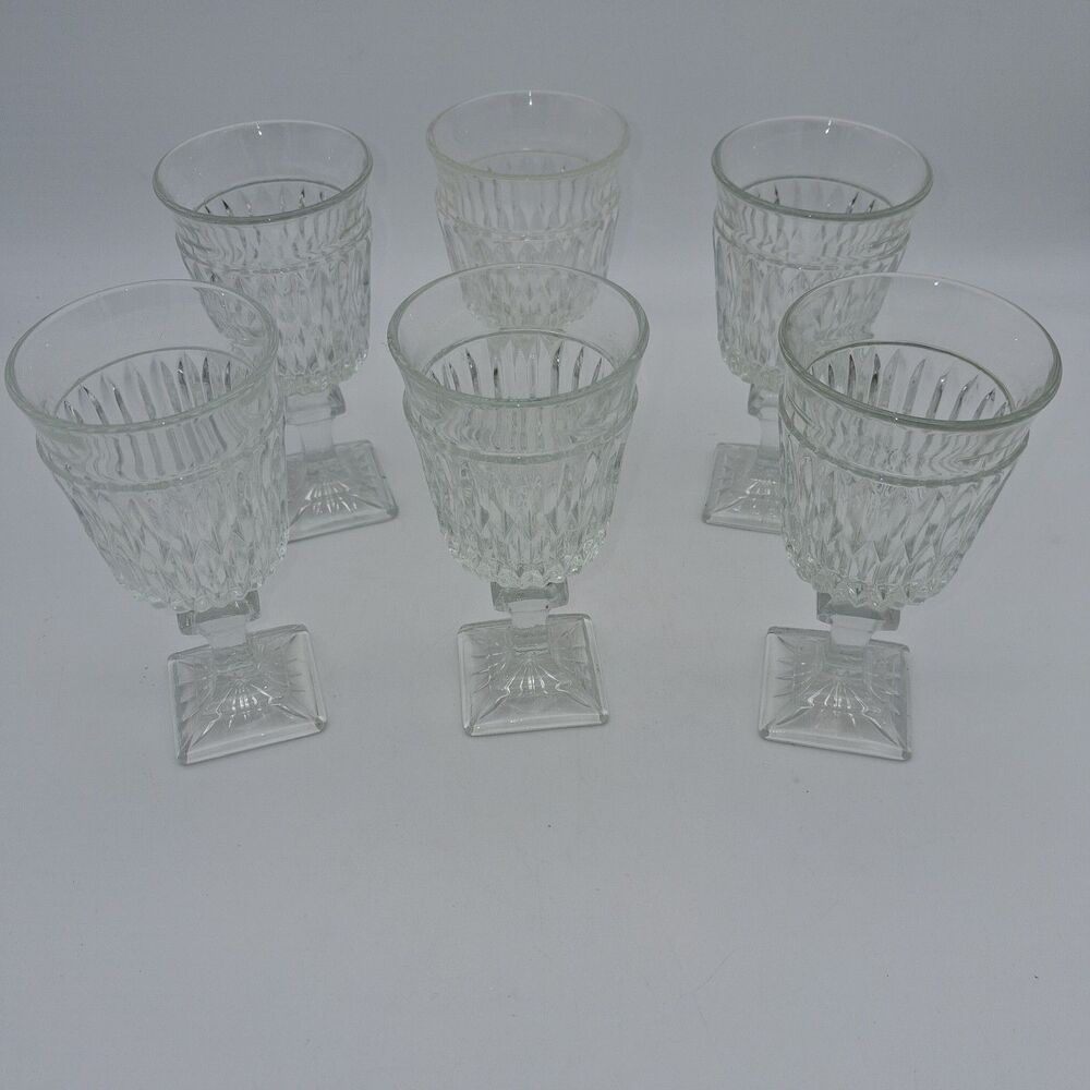 6 Vtg MCM Indiana Glass Colony Park Lane 4.5” Clear WINE Glasses Arch & Dot USA